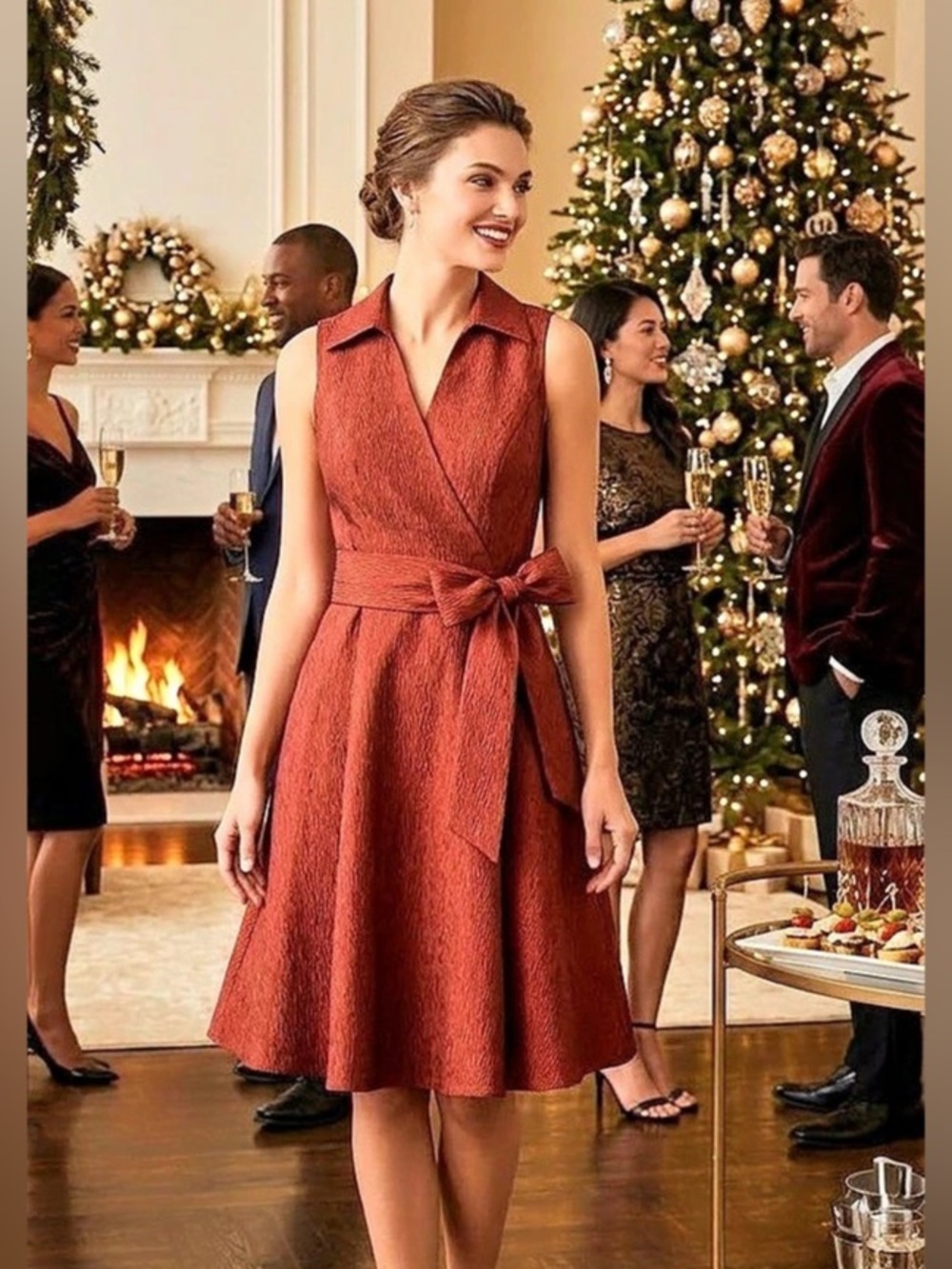 Signature by Robbie Bee Textured Belted Midi Dress Red Size 4P NWT